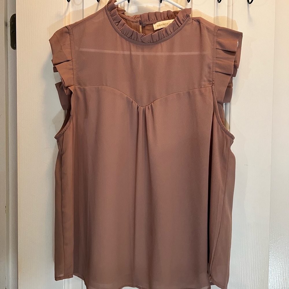 Monteau Pink Ruffled Blouse with Mandarin Collar